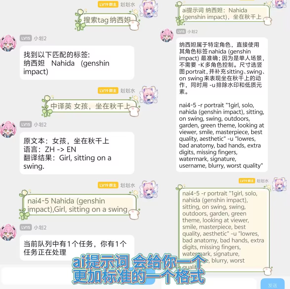 基础用法演示 2:搜索tag、中译英、ai提示词三个辅助指令的实际效果