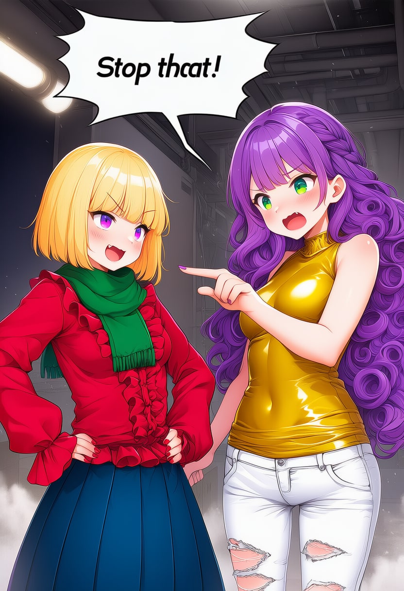 两个女孩,金发女孩被紫发女孩指着,有 Stop that! 对话气泡
