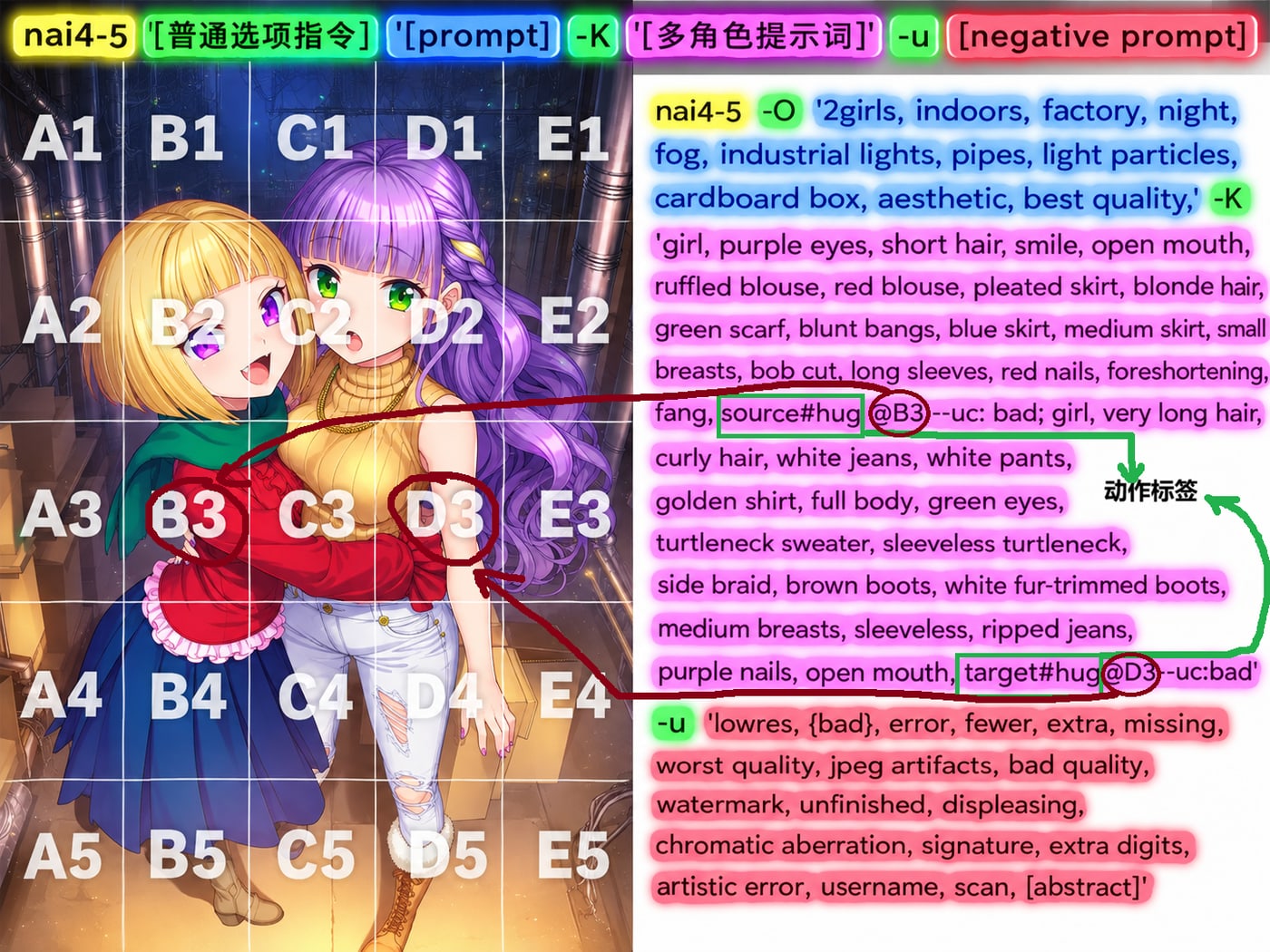 单方主动:一个角色框写 source#hug,另一个写 target#hug,位置在 B3 和 D3
