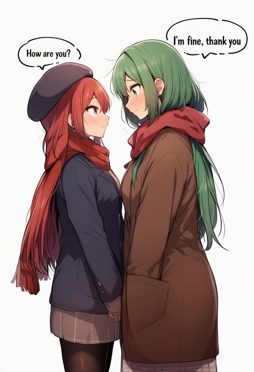 两个女孩互相看着对方,各自的对话气泡里分别渲染了 How are you? 和 I'm fine, thank you